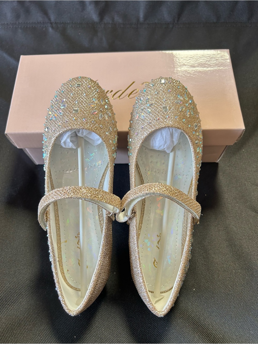 Girls Gold Glitter Gem Mary Jane Ballet Flats